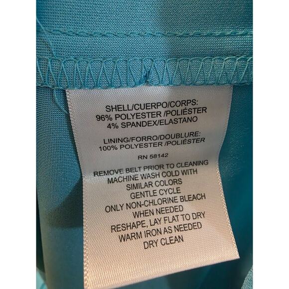 London Times Dress Size 16 Blue Atoll Faux Wrap Belted Puff Sleeve Knee Length - Picture 7 of 9